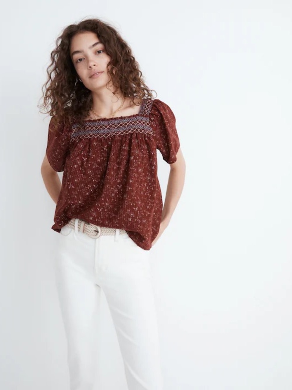 Madewell Square-Neck Smocked Top in Dotted Vines